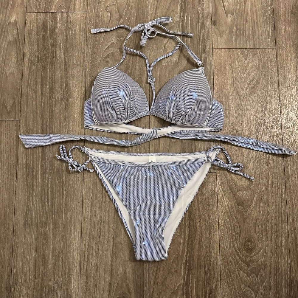 Metallic blue dot triangle top Bikini-matching top and bottoms